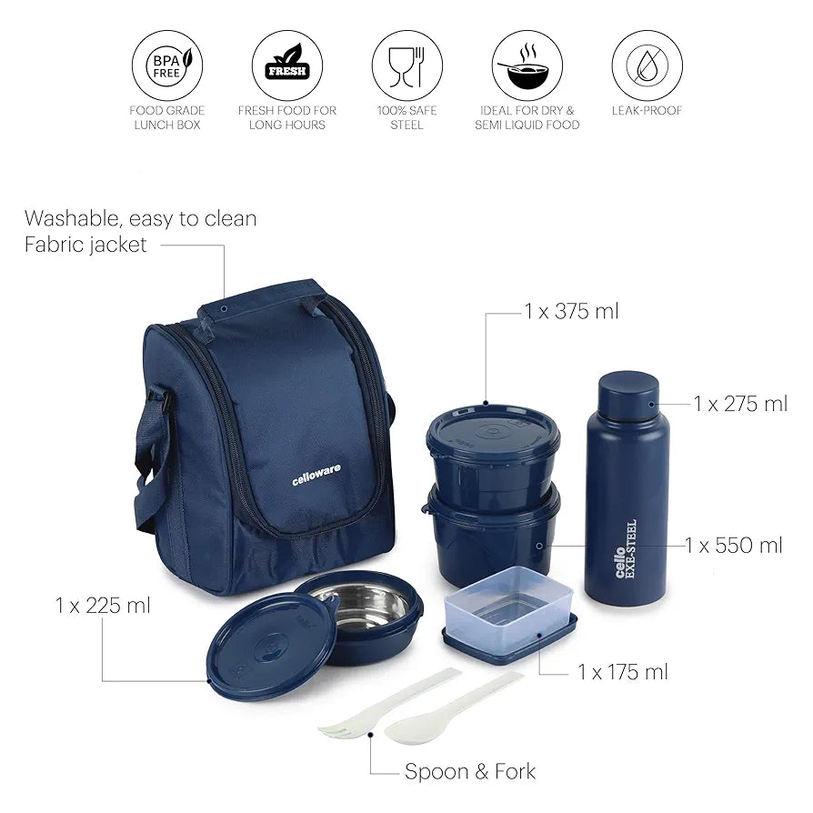 CELLO MF All in One Lunch Box Set of 5 with Bag, Blue | 3 Microwave Safe Inner Steel Containers , 1 Pickle Box and 1 Steel Bottle | Air Tight Leakproof Tiffin Box Set for Office